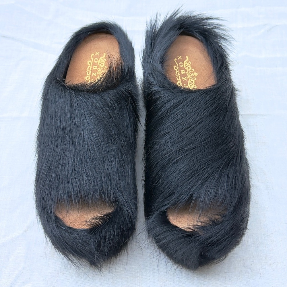 Black Calf Hair-on-Hide Platform Open-toe Mules - Picture 2 of 12